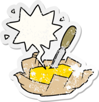 cartoon traditional pat of butter with knife with speech bubble distressed distressed old sticker png