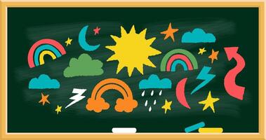School chalk green board with chalk and drawn texture multi-colored doodles of weather symbols. Isolated chalk drawings of rainbow, sun, cloud vector