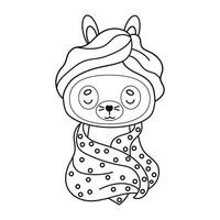 Cute bunny wrapped in towel with mask on his face. Spa treatments, relaxation, hygiene and self-care. Outline cartoon animal. Line drawing, coloring book vector