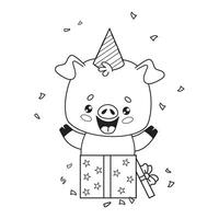 Cute happy pig in gift box wearing birthday cap. Festive outline cartoon animal. Line drawing, coloring book. illustration. Kids collection. vector