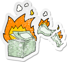 distressed sticker of a burning money cartoon png