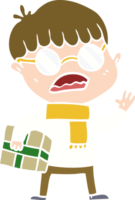 menino de desenho animado de estilo de cor plana segurando presente e usando óculos png