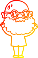 warm gradient line drawing of a cartoon worried man with beard and spectacles png