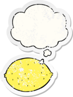 cartoon lemon with thought bubble as a distressed worn sticker png