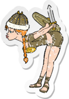 retro bedrövad klistermärke av en tecknad serie viking flicka png