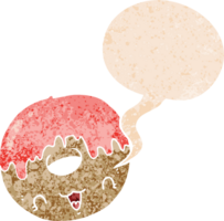 cute cartoon donut with speech bubble in grunge distressed retro textured style png