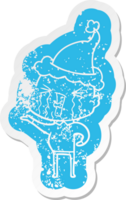 quirky cartoon distressed sticker of a crying bald man wearing santa hat png