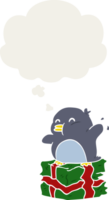 tecknad serie pingvin på närvarande med trodde bubbla i retro stil png