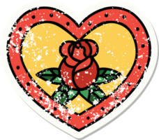 verontrust sticker tatoeëren in traditioneel stijl van een hart en bloemen png