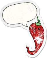 tecknad serie varm chili peppar med Tal bubbla bedrövad bedrövad gammal klistermärke png