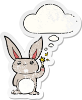 cute cartoon rabbit with thought bubble as a distressed worn sticker png