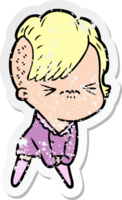 distressed sticker of a cartoon annoyed hipster girl png