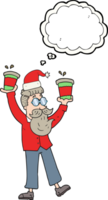 hand drawn thought bubble cartoon man with coffee cups at christmas png
