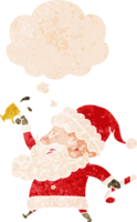 desenho animado santa claus com quente cacau com pensamento bolha dentro grunge angustiado retro texturizado estilo png