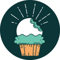 icon of a tattoo style cupcake with missing bite png