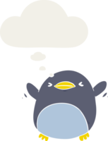 cute cartoon flapping penguin with thought bubble in retro style png