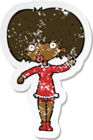 retro distressed sticker of a cartoon waving girl png