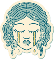 iconic distressed sticker tattoo style image of female face crying png