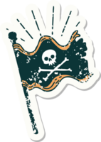 worn old sticker of a tattoo style waving pirate flag png