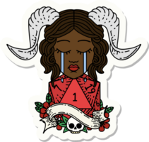 sticker of a crying tiefling with natural one D20 dice roll png