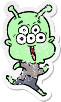 distressed sticker of a happy cartoon alien running png