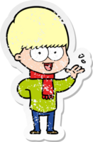 distressed sticker of a happy cartoon boy waving png