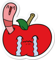 sticker van een tekenfilm worm aan het eten een appel png