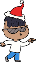 hand dragen linje teckning av en pojke bär solglasögon pekande bär santa hatt png