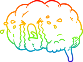 rainbow gradient line drawing of a cartoon brain crying png