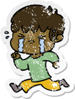 distressed sticker of a cartoon boy crying png