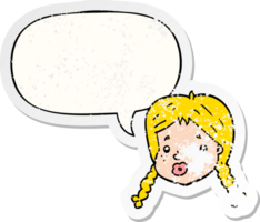 cartoon girls face with speech bubble distressed distressed old sticker png