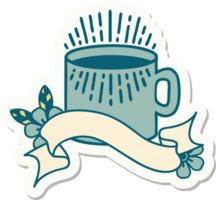 tattoo style sticker with banner of cup of coffee png