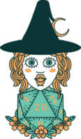 Retro Tattoo Style human witch with natural twenty dice roll png