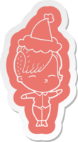 quirky cartoon  sticker of a squinting girl wearing santa hat png