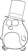 hand drawn black and white cartoon bird wearing top hat png