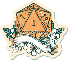 Retro Tattoo Style natural one d20 dice roll png