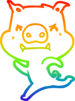 rainbow gradient line drawing of a angry cartoon pig charging png