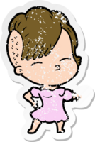 distressed sticker of a cartoon squinting girl pointing png