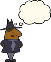 cartoon man in coat and hat with thought bubble png