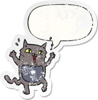 cartoon crazy excited cat with speech bubble distressed distressed old sticker png