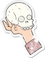 distressed sticker of a cartoon hand holding skull png