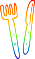 rainbow gradient line drawing of a cartoon knife and fork png