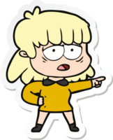 sticker of a cartoon tired woman pointing png