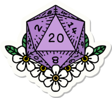 sticker of a natural 20 D20 dice roll with floral elements png