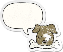 tekenfilm hond met bot met toespraak bubbel verontrust verontrust oud sticker png