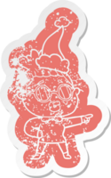 quirky cartoon distressed sticker of a pointing woman wearing spectacles wearing santa hat png