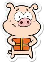 sticker of a happy cartoon pig holding christmas present png