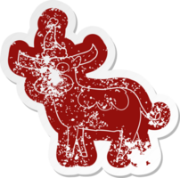 quirky cartoon distressed sticker of a bull wearing santa hat png