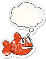 dibujos animados pescado con pensamiento burbuja como un afligido desgastado pegatina png