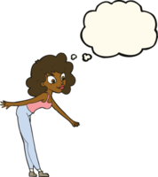 cartoon woman reaching to pick something up with thought bubble png